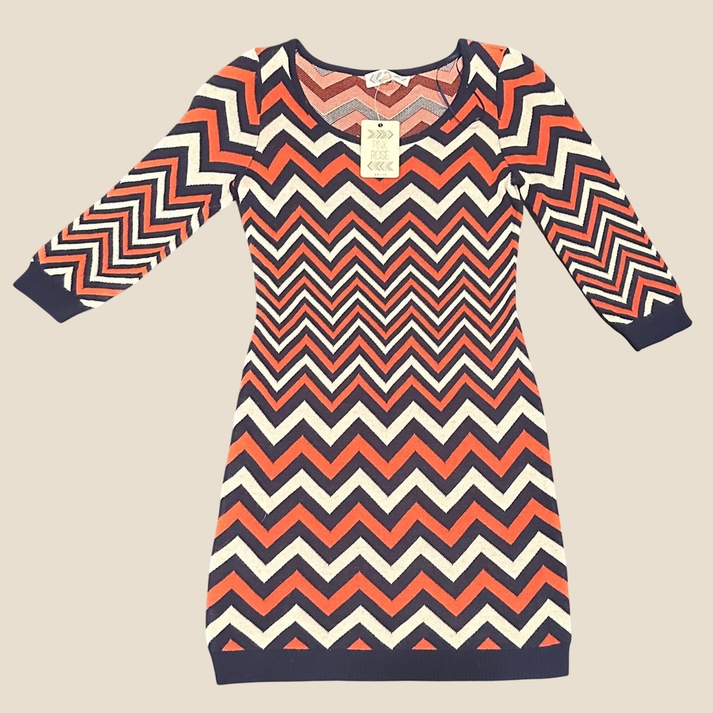Pink Rose Petite Navy Orange Chevron Zigzag Knit Sweater Dress PM PF524192PR
